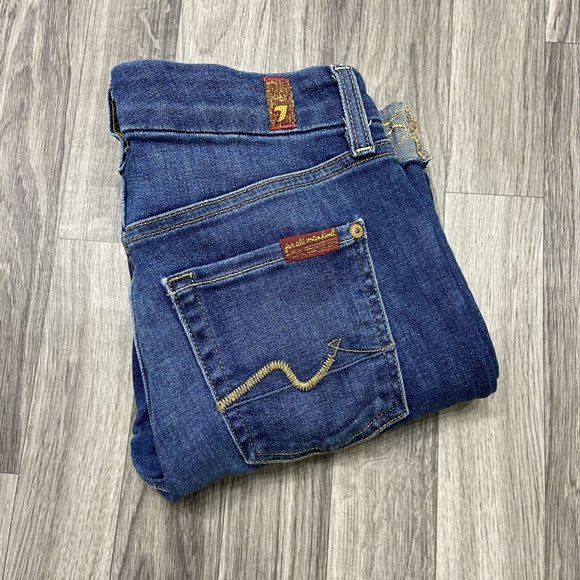 FOR ALL 7 MANKIND Boot Cut Stretch Blue Denim Cropped Jeans Women's Size 26 - Picture 1 of 12